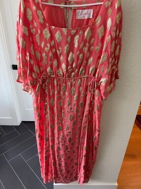 Suncoo Coral Maxi Dress with Gold Foil Print
